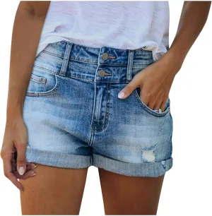 XIAOBU Curled Denim Shorts Womens High Waisted Button Zipper Ripped Jean Shorts Pocket Solid Casual Hot Pants,Blue,XXL