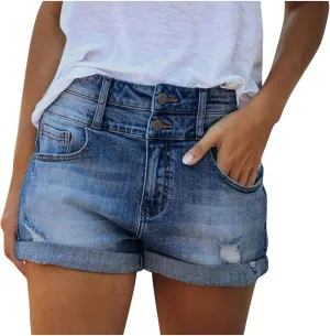 XIAOBU Curled Denim Shorts Womens High Waisted Button Zipper Ripped Jean Shorts Pocket Solid Casual Hot Pants,Dark Blue,M