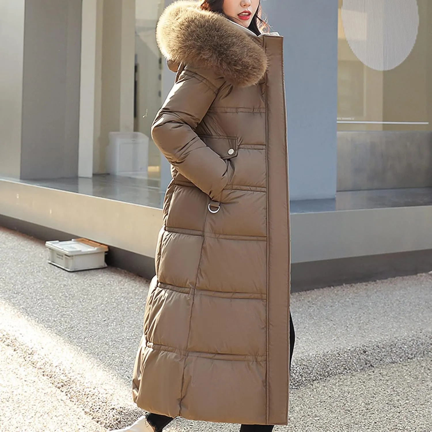 XUNRYAN Winter Coat Womens Maxi Long Warm Puffer Jackets Quilted Lightweight Down Outdoor Faux-Fur Anoraks Parka Outerwear