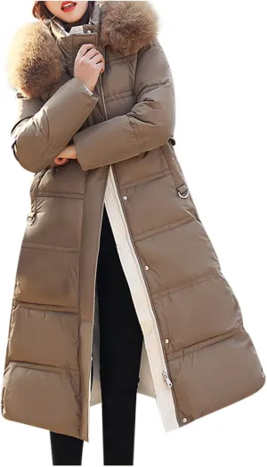 XUNRYAN Winter Coat Womens Maxi Long Warm Puffer Jackets Quilted Lightweight Down Outdoor Faux-Fur Anoraks Parka Outerwear