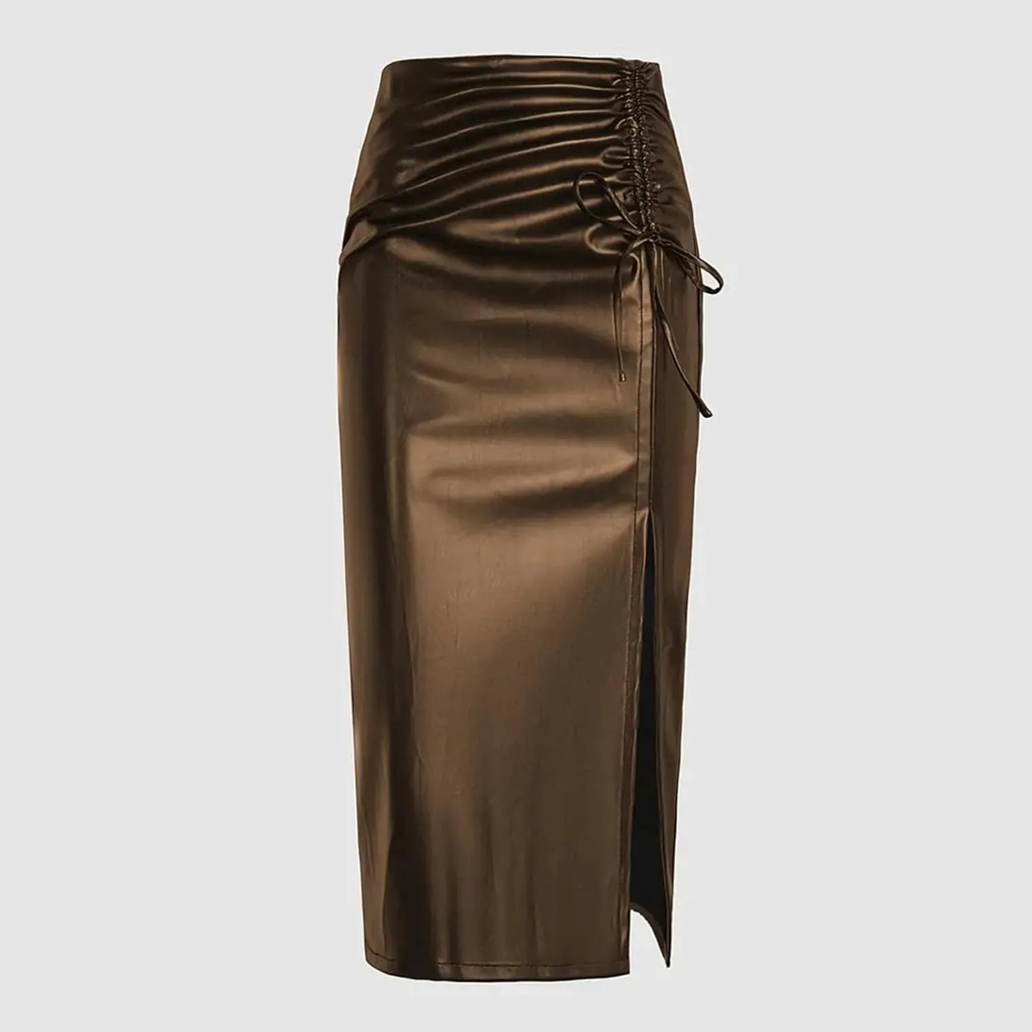XUNRYAN Women's Faux-Leather Skirts High Waisted Asymmetrical Side Slit Ruched Bow Work Going Out Bodycon Pencil Midi Skirt