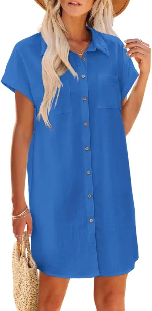 Zeagoo Womens Button Down Shirt Dress Summer Cotton Linen Dress V-Neck Mini Dress Casual Short Sleeve Loose Tunic Dresses