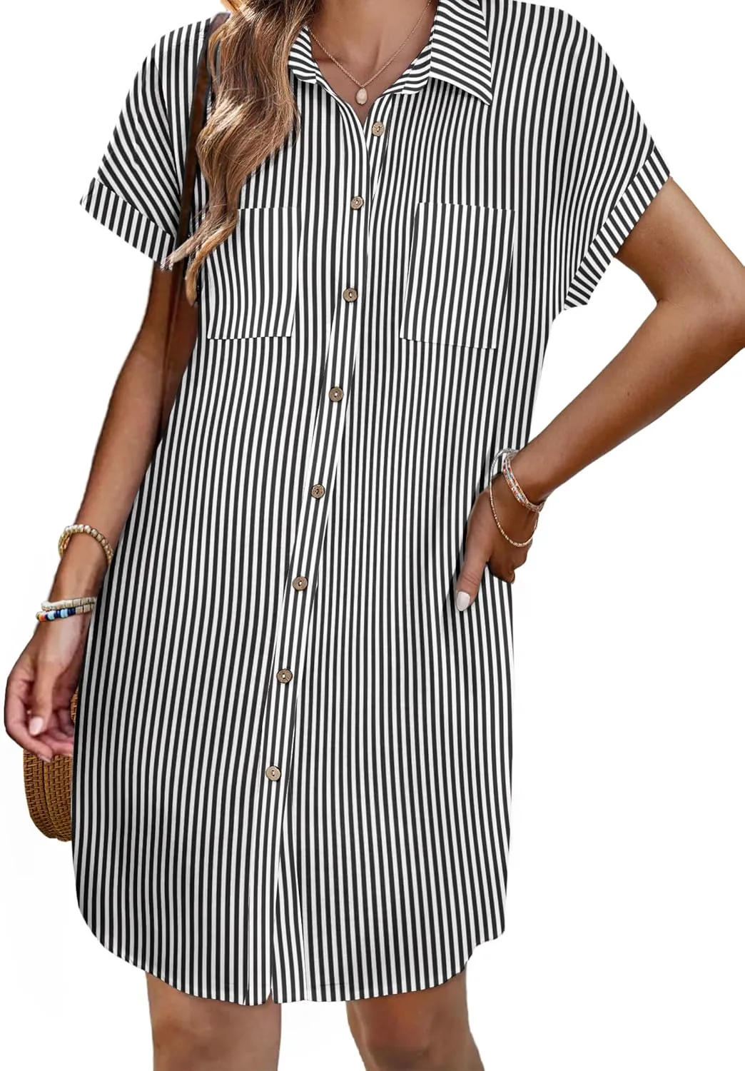Zeagoo Womens Button Down Shirt Dress Summer Cotton Linen Dress V-Neck Mini Dress Casual Short Sleeve Loose Tunic Dresses