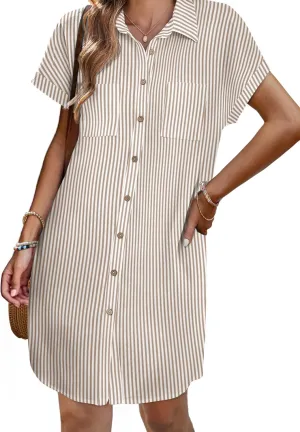 Zeagoo Womens Button Down Shirt Dress Summer Cotton Linen Dress V-Neck Mini Dress Casual Short Sleeve Loose Tunic Dresses