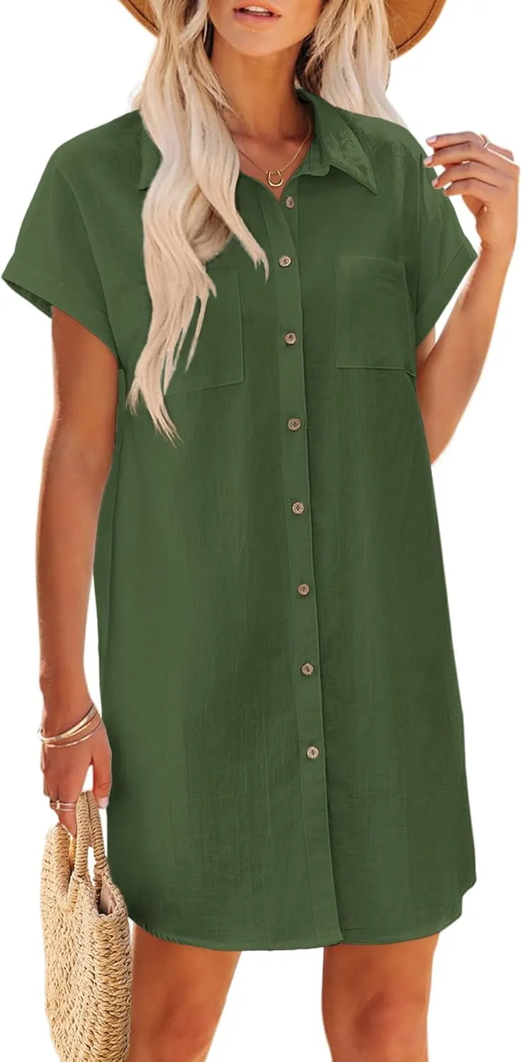 Zeagoo Womens Button Down Shirt Dress Summer Cotton Linen Dress V-Neck Mini Dress Casual Short Sleeve Loose Tunic Dresses
