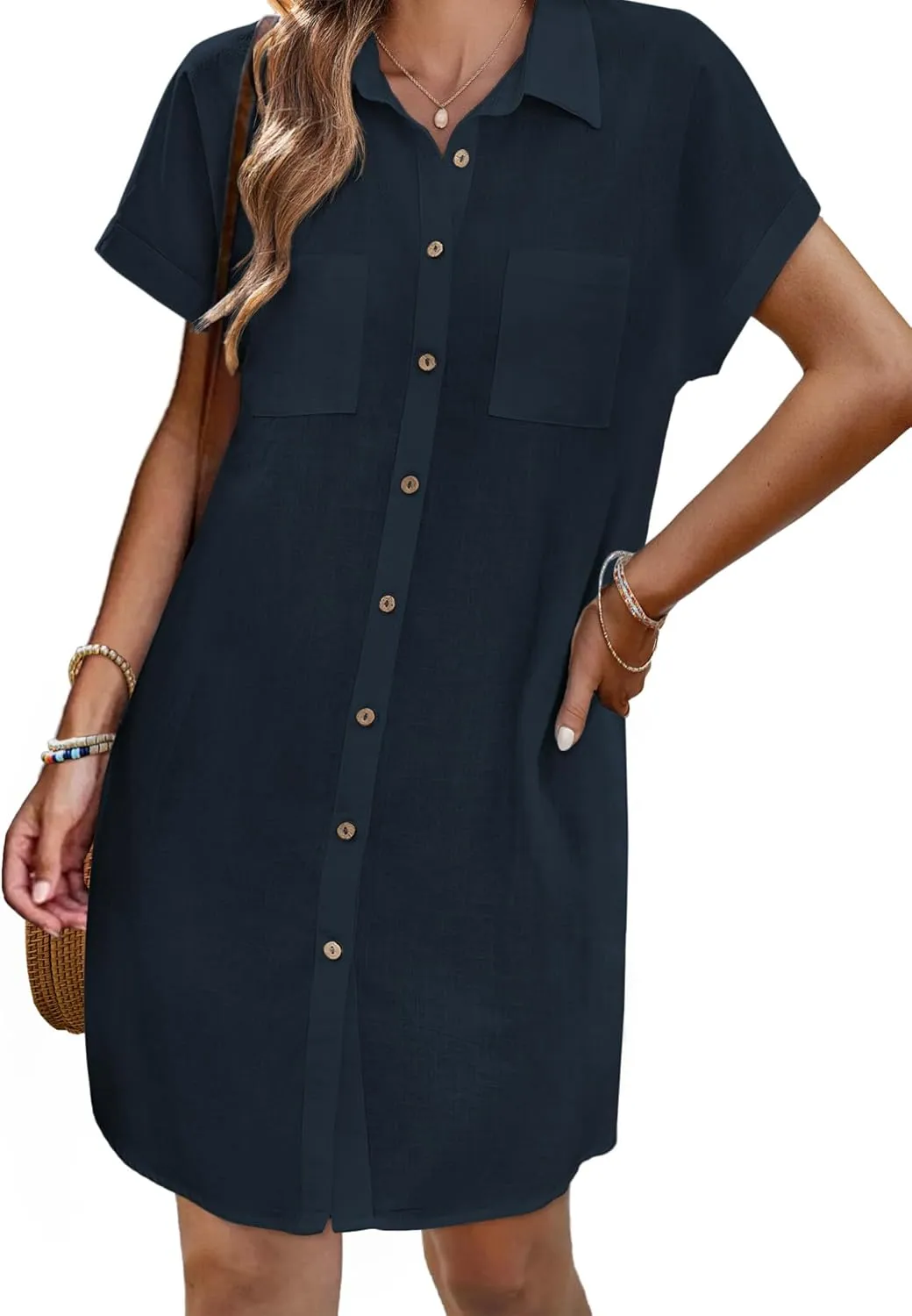 Zeagoo Womens Button Down Shirt Dress Summer Cotton Linen Dress V-Neck Mini Dress Casual Short Sleeve Loose Tunic Dresses