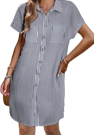 Zeagoo Womens Button Down Shirt Dress Summer Cotton Linen Dress V-Neck Mini Dress Casual Short Sleeve Loose Tunic Dresses