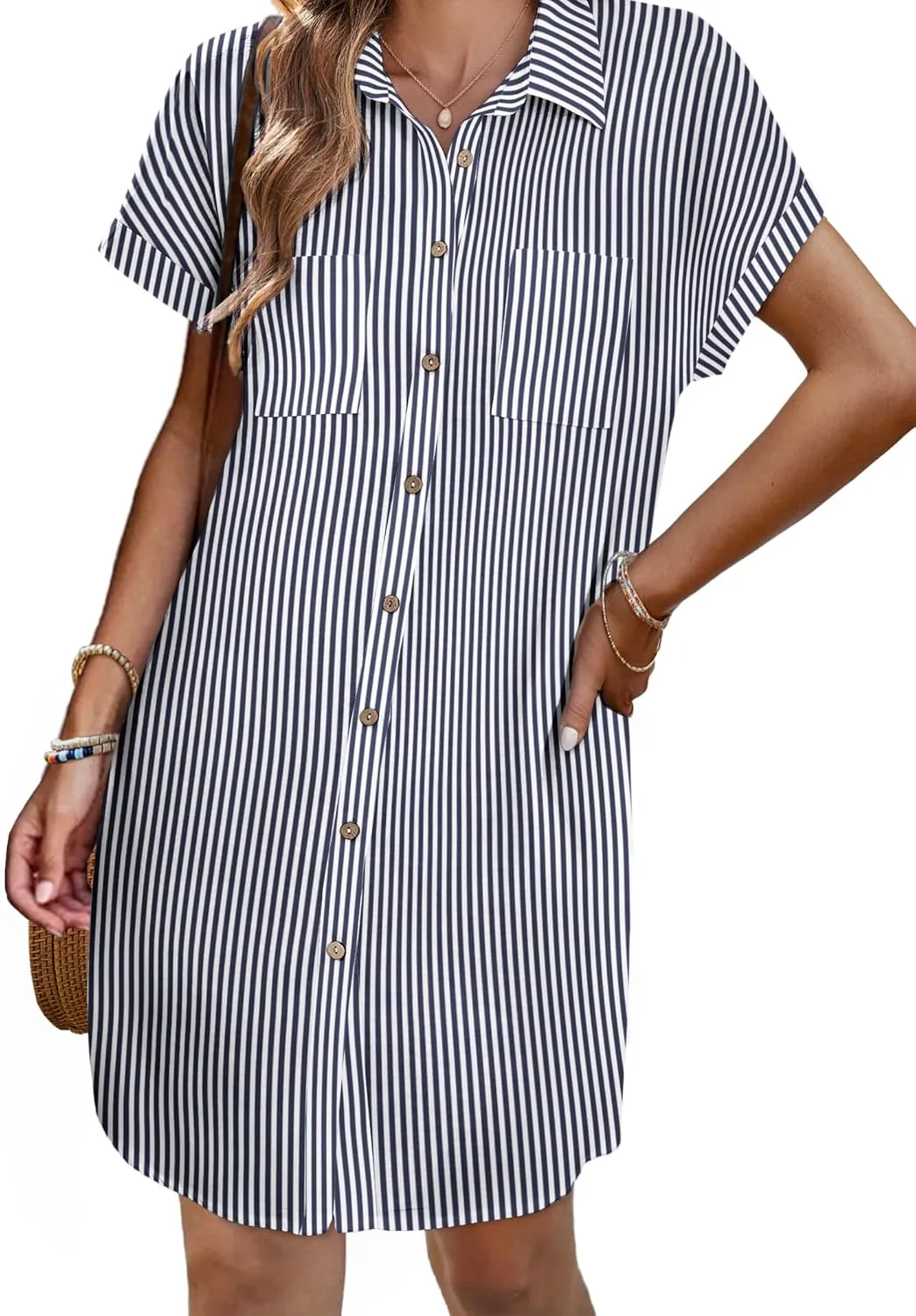 Zeagoo Womens Button Down Shirt Dress Summer Cotton Linen Dress V-Neck Mini Dress Casual Short Sleeve Loose Tunic Dresses
