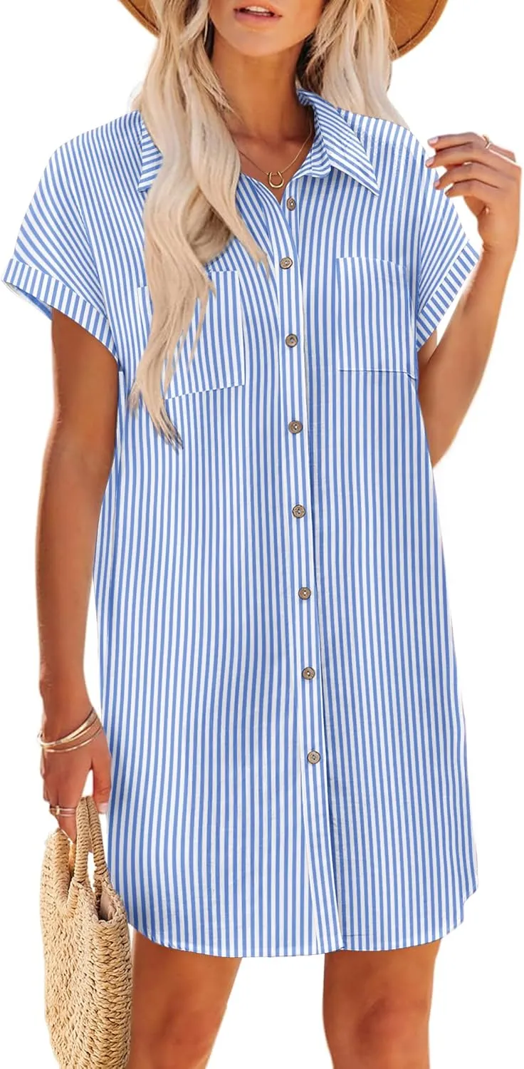 Zeagoo Womens Button Down Shirt Dress Summer Cotton Linen Dress V-Neck Mini Dress Casual Short Sleeve Loose Tunic Dresses