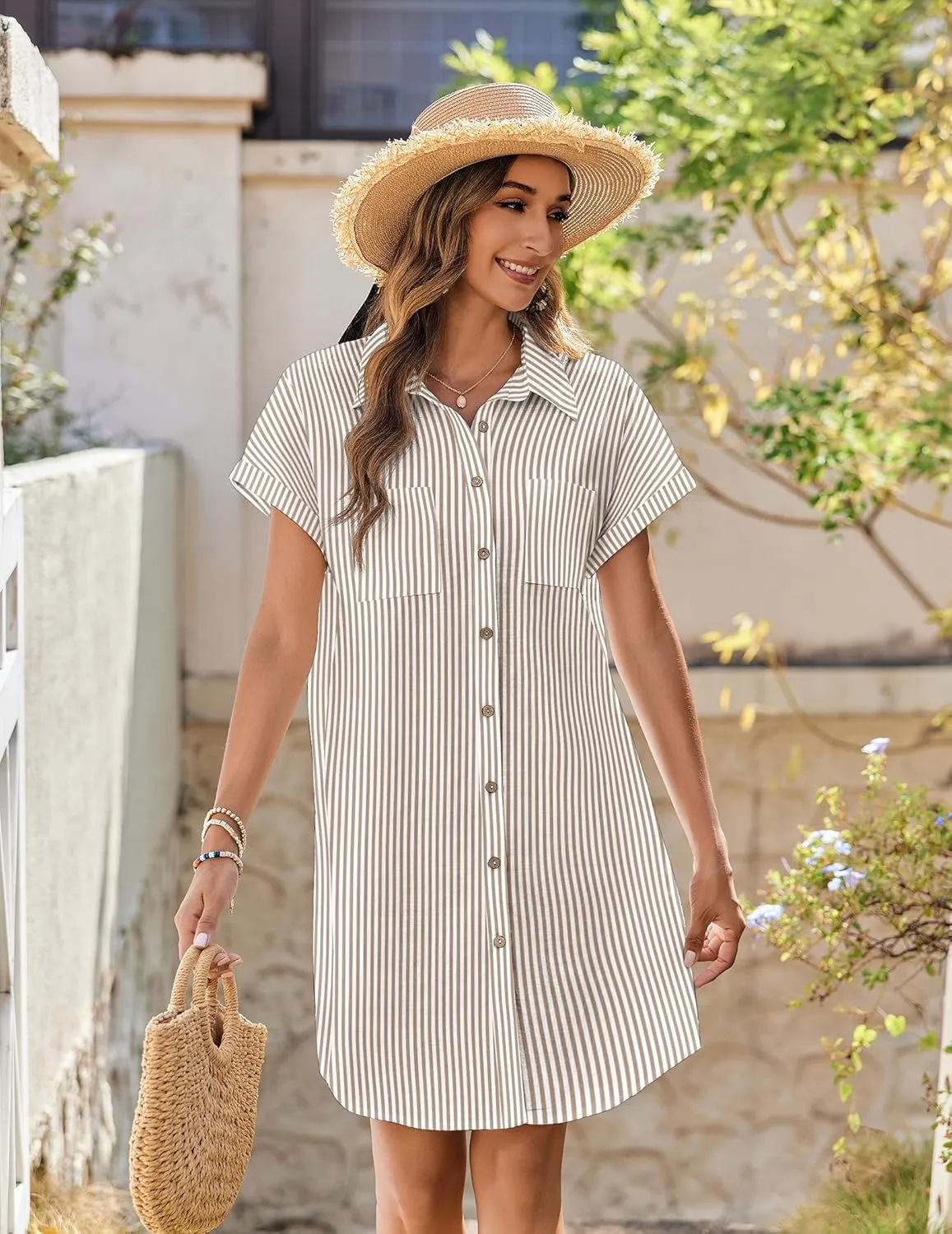 Zeagoo Womens Button Down Shirt Dress Summer Cotton Linen Dress V-Neck Mini Dress Casual Short Sleeve Loose Tunic Dresses