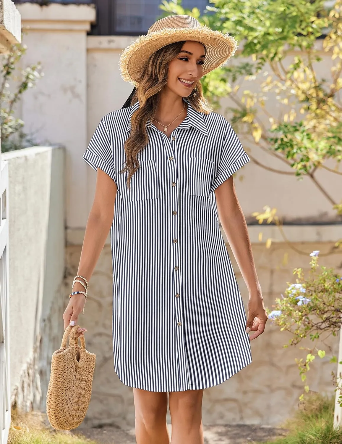 Zeagoo Womens Button Down Shirt Dress Summer Cotton Linen Dress V-Neck Mini Dress Casual Short Sleeve Loose Tunic Dresses
