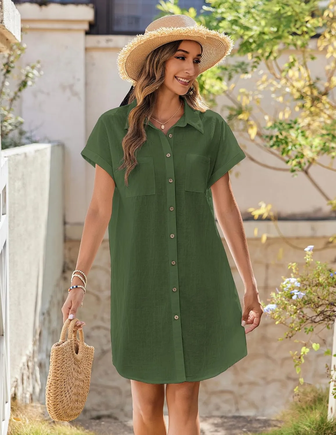 Zeagoo Womens Button Down Shirt Dress Summer Cotton Linen Dress V-Neck Mini Dress Casual Short Sleeve Loose Tunic Dresses