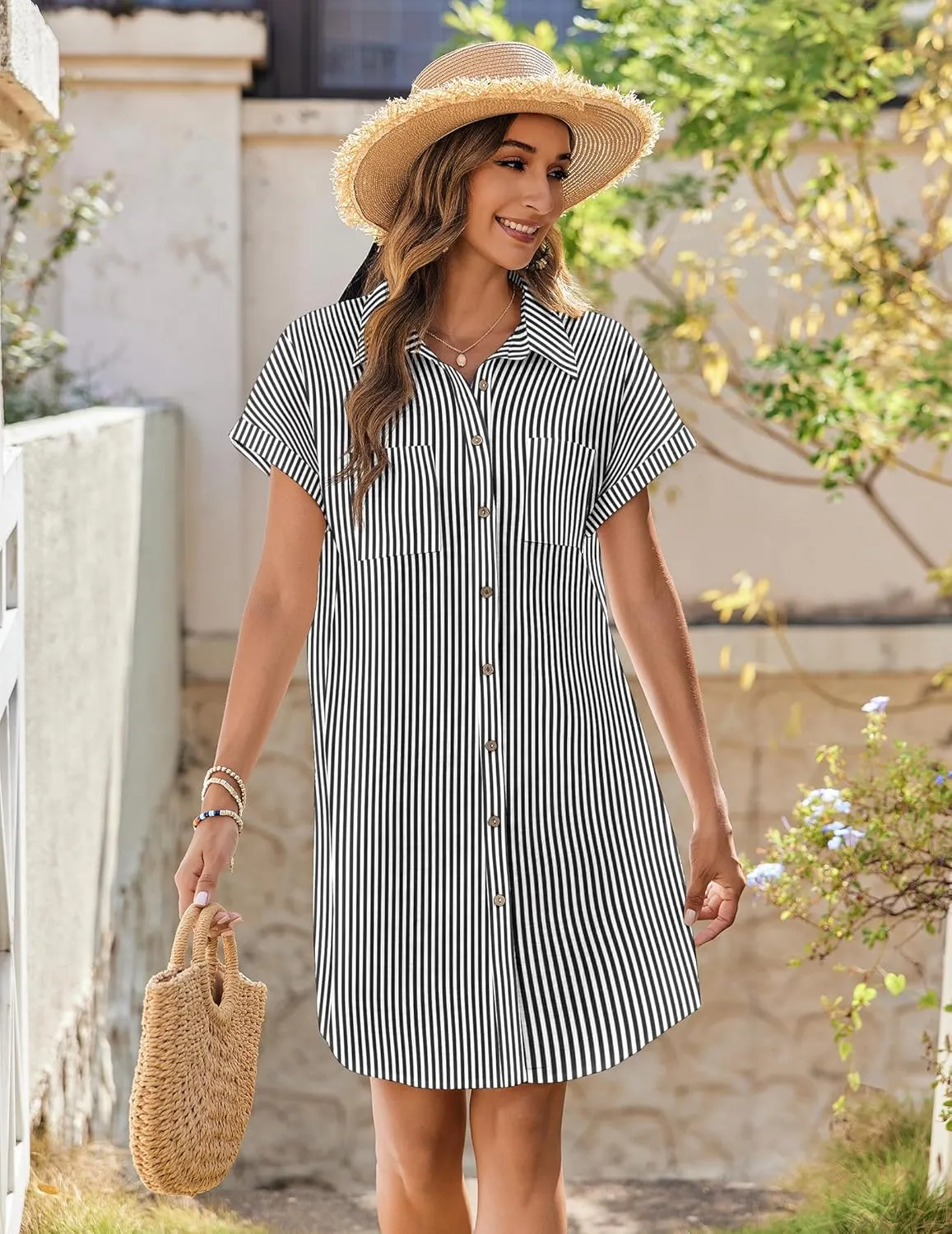 Zeagoo Womens Button Down Shirt Dress Summer Cotton Linen Dress V-Neck Mini Dress Casual Short Sleeve Loose Tunic Dresses