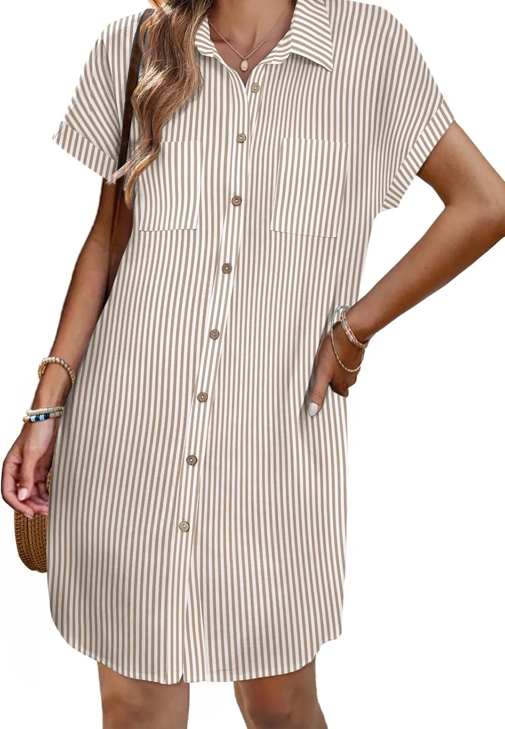 Zeagoo Womens Button Down Shirt Dress Summer Cotton Linen Dress V-Neck Mini Dress Casual Short Sleeve Loose Tunic Dresses
