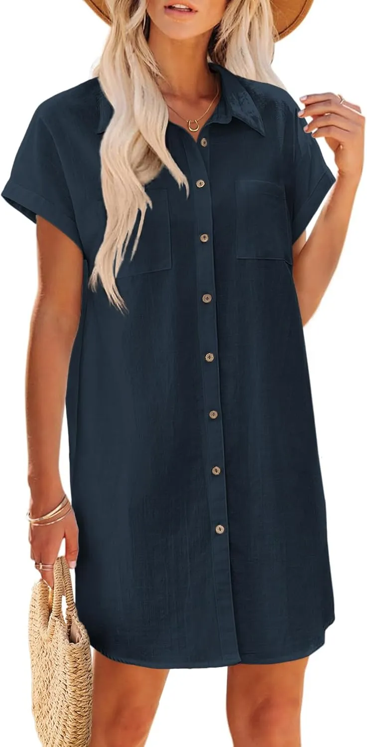 Zeagoo Womens Button Down Shirt Dress Summer Cotton Linen Dress V-Neck Mini Dress Casual Short Sleeve Loose Tunic Dresses