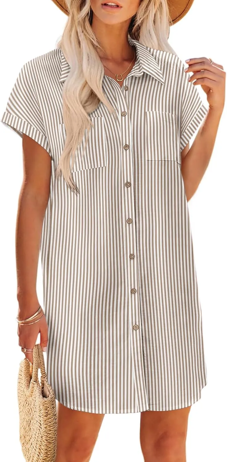 Zeagoo Womens Button Down Shirt Dress Summer Cotton Linen Dress V-Neck Mini Dress Casual Short Sleeve Loose Tunic Dresses