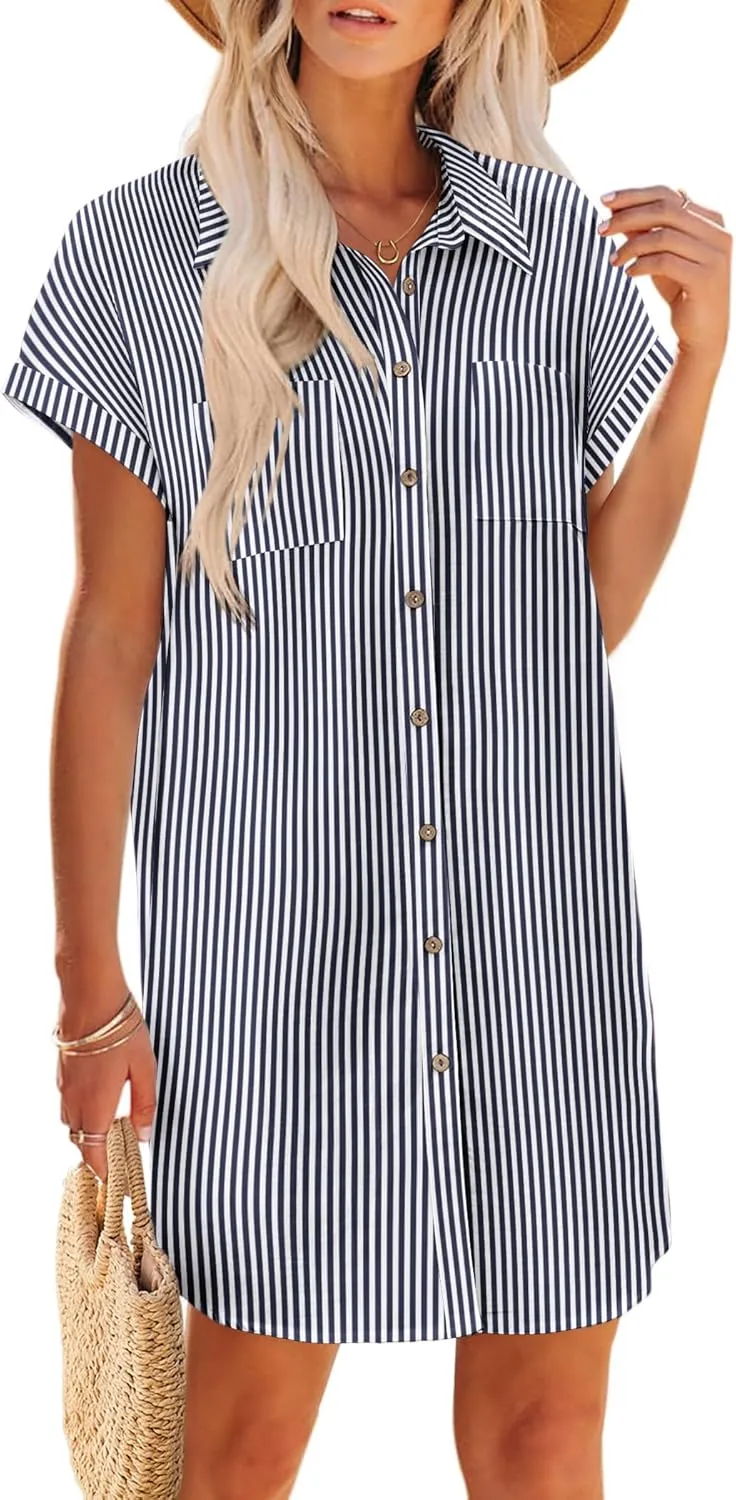Zeagoo Womens Button Down Shirt Dress Summer Cotton Linen Dress V-Neck Mini Dress Casual Short Sleeve Loose Tunic Dresses