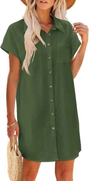 Zeagoo Womens Button Down Shirt Dress Summer Cotton Linen Dress V-Neck Mini Dress Casual Short Sleeve Loose Tunic Dresses