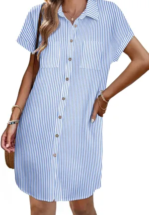 Zeagoo Womens Button Down Shirt Dress Summer Cotton Linen Dress V-Neck Mini Dress Casual Short Sleeve Loose Tunic Dresses