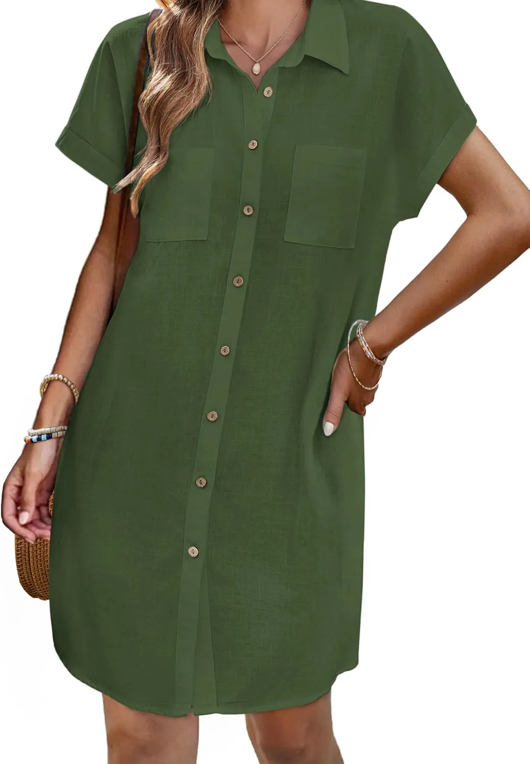 Zeagoo Womens Button Down Shirt Dress Summer Cotton Linen Dress V-Neck Mini Dress Casual Short Sleeve Loose Tunic Dresses