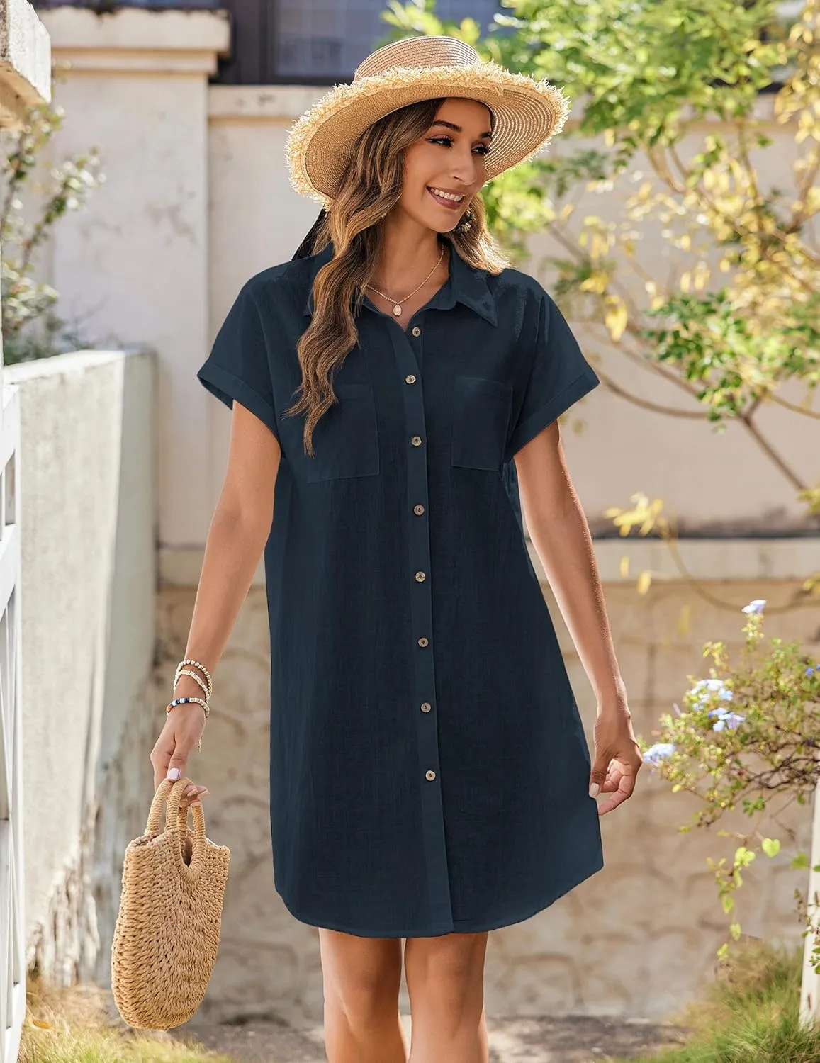 Zeagoo Womens Button Down Shirt Dress Summer Cotton Linen Dress V-Neck Mini Dress Casual Short Sleeve Loose Tunic Dresses