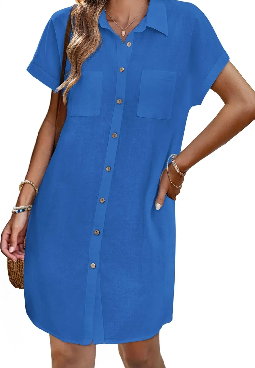 Zeagoo Womens Button Down Shirt Dress Summer Cotton Linen Dress V-Neck Mini Dress Casual Short Sleeve Loose Tunic Dresses