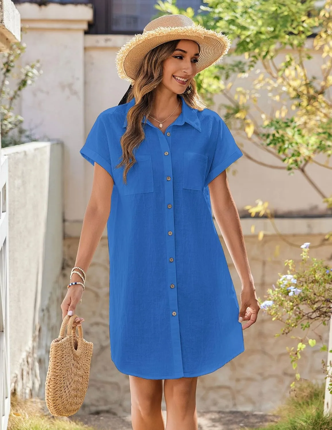 Zeagoo Womens Button Down Shirt Dress Summer Cotton Linen Dress V-Neck Mini Dress Casual Short Sleeve Loose Tunic Dresses