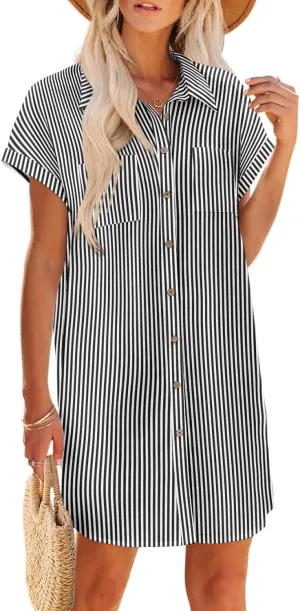 Zeagoo Womens Button Down Shirt Dress Summer Cotton Linen Dress V-Neck Mini Dress Casual Short Sleeve Loose Tunic Dresses