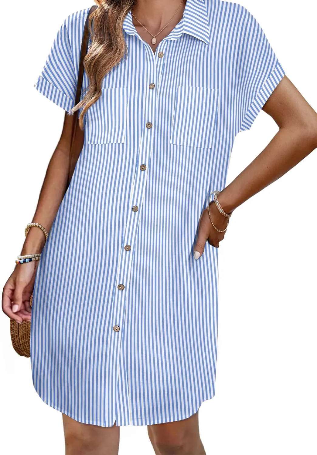 Zeagoo Womens Button Down Shirt Dress Summer Cotton Linen Dress V-Neck Mini Dress Casual Short Sleeve Loose Tunic Dresses
