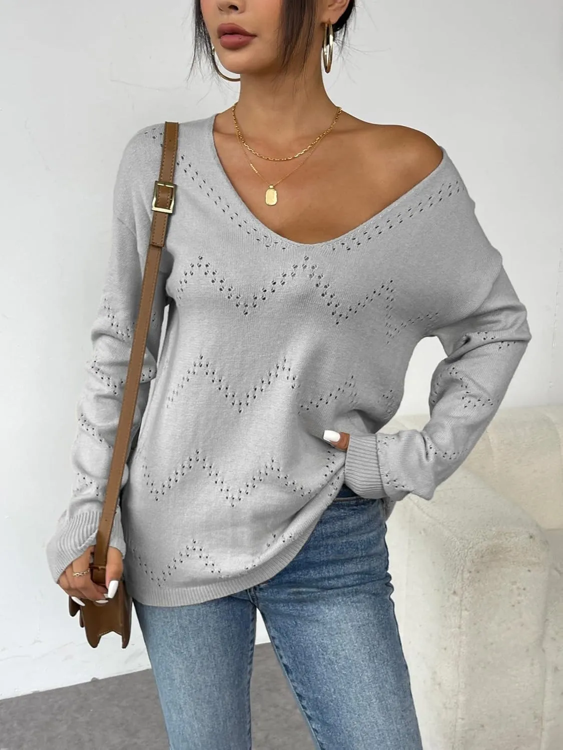 Zeagoo Womens Sweaters Trendy Fashion Long Sleeve Sweaters Off Shoulder Crochet V Neck Knit Pullover Tops Outfits