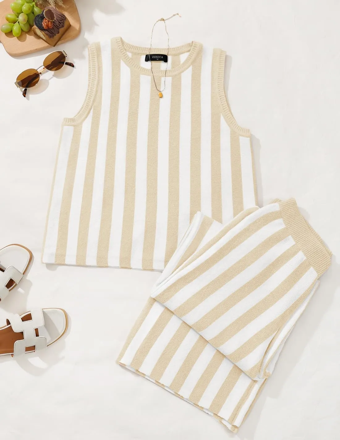 ZESICA Women's Summer Two Piece Outfits Crop Tank Tops and Wide Leg Pants Striped Lounge Travel Sets Casual Tracksuits