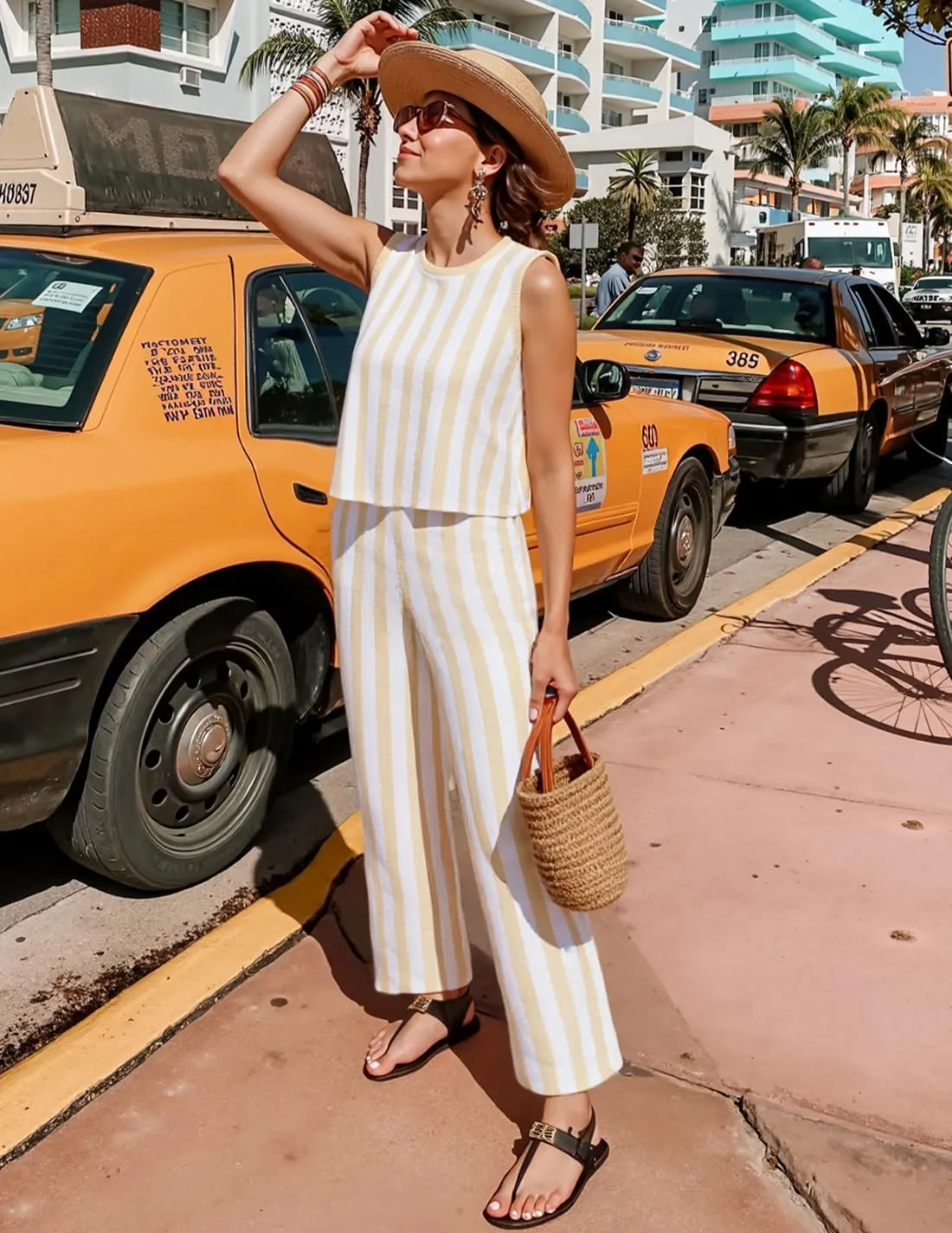 ZESICA Women's Summer Two Piece Outfits Crop Tank Tops and Wide Leg Pants Striped Lounge Travel Sets Casual Tracksuits