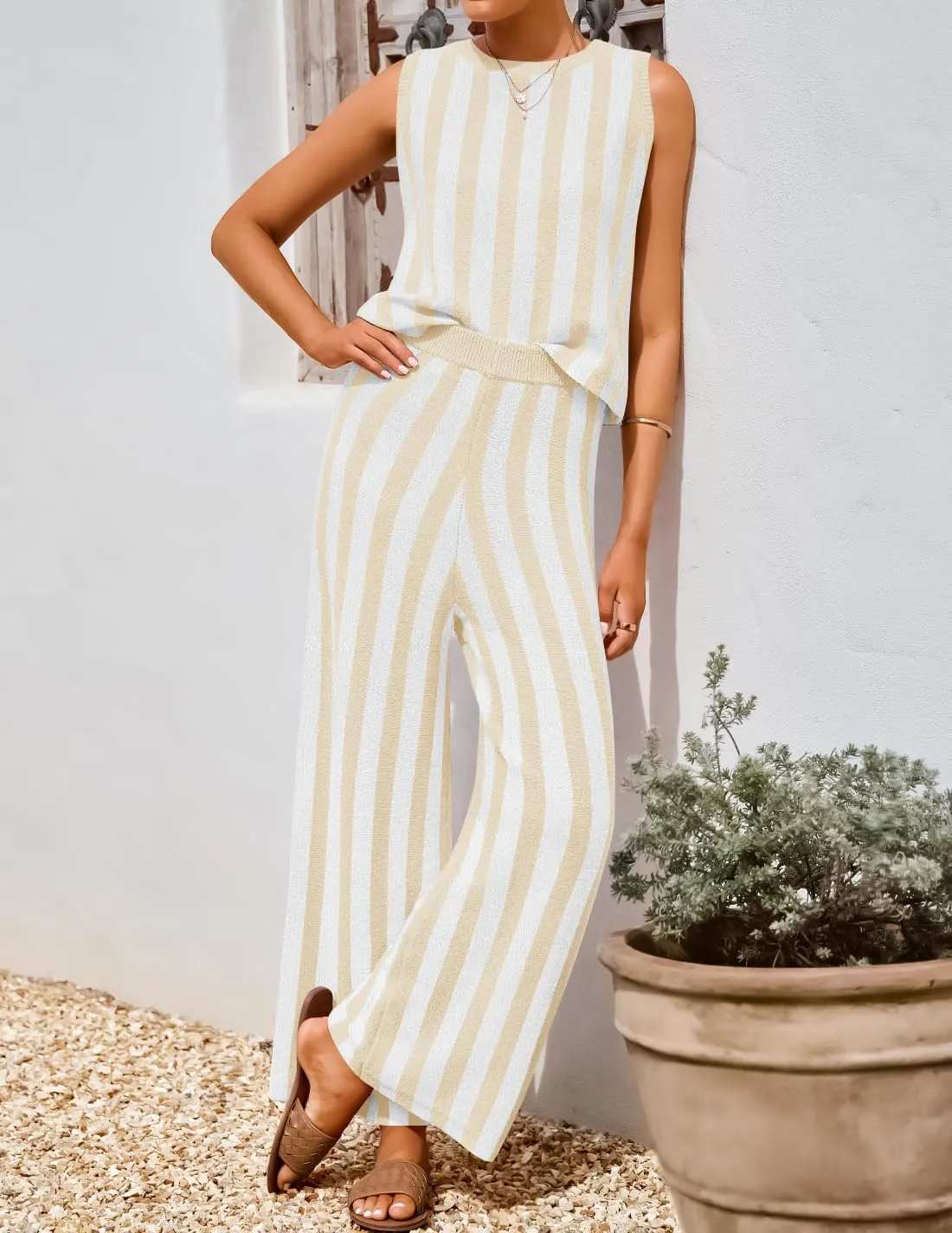 ZESICA Women's Summer Two Piece Outfits Crop Tank Tops and Wide Leg Pants Striped Lounge Travel Sets Casual Tracksuits