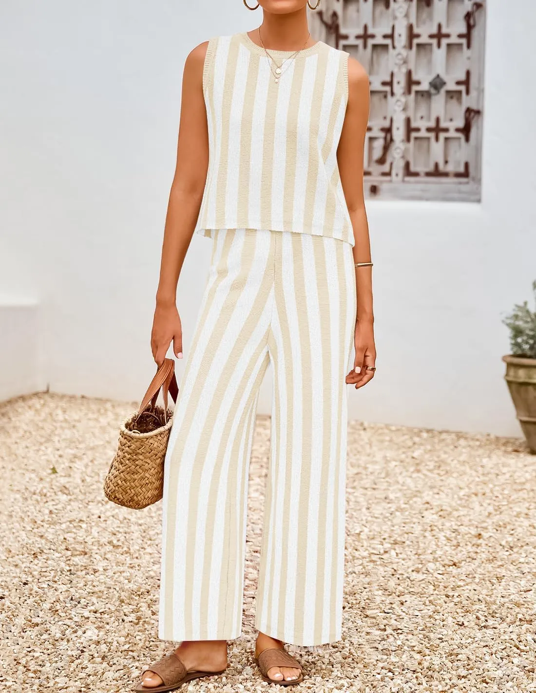 ZESICA Women's Summer Two Piece Outfits Crop Tank Tops and Wide Leg Pants Striped Lounge Travel Sets Casual Tracksuits