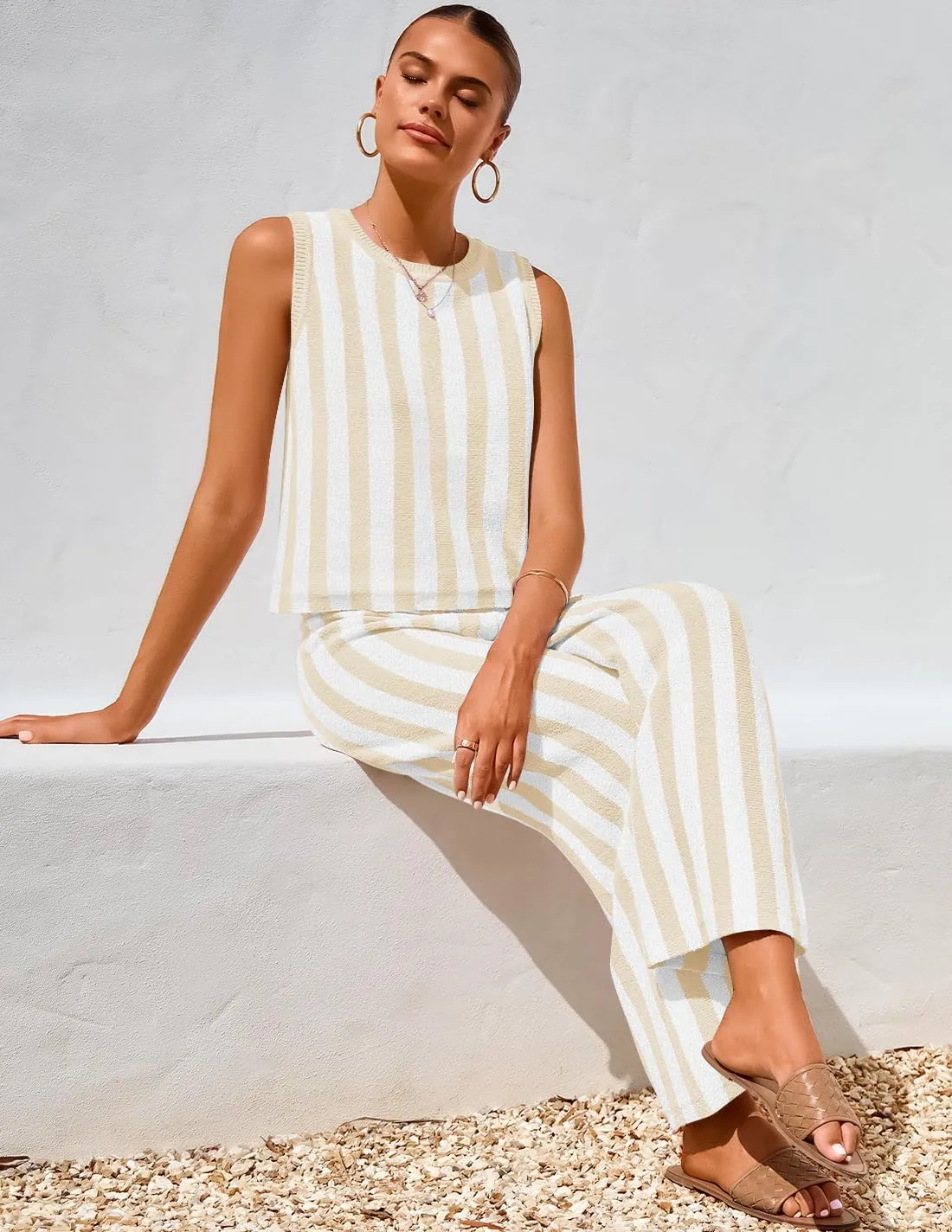 ZESICA Women's Summer Two Piece Outfits Crop Tank Tops and Wide Leg Pants Striped Lounge Travel Sets Casual Tracksuits