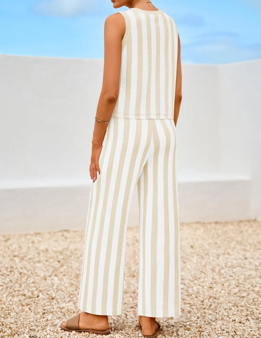 ZESICA Women's Summer Two Piece Outfits Crop Tank Tops and Wide Leg Pants Striped Lounge Travel Sets Casual Tracksuits
