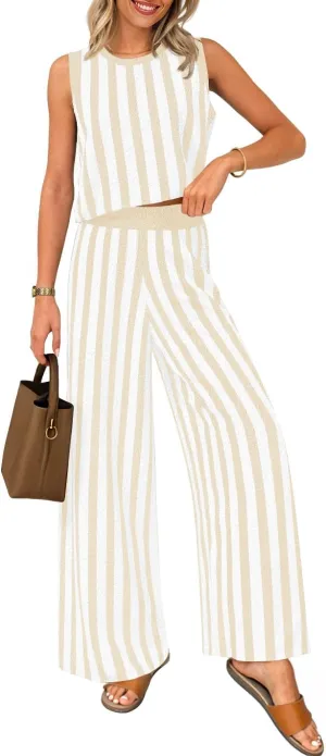 ZESICA Women's Summer Two Piece Outfits Crop Tank Tops and Wide Leg Pants Striped Lounge Travel Sets Casual Tracksuits